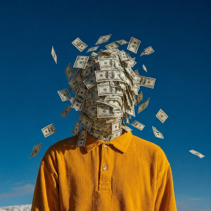 Money flying off a man’s head