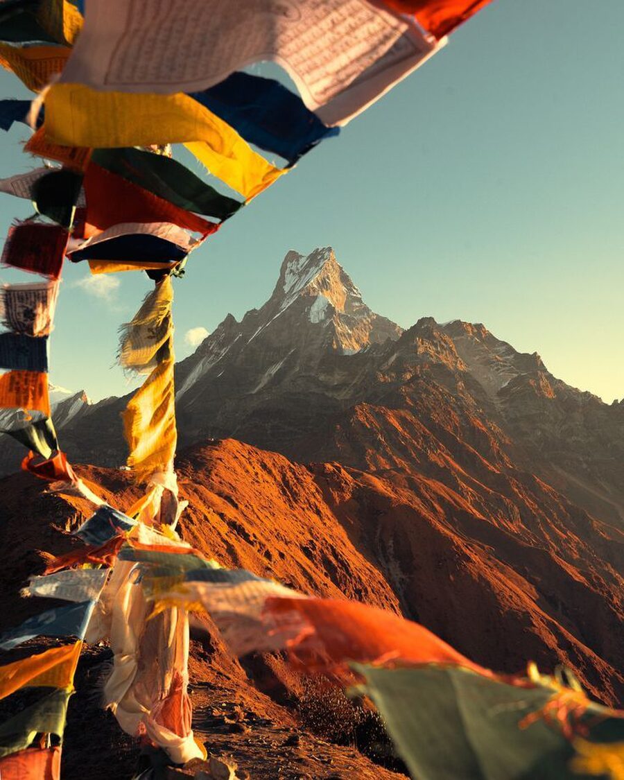 Prayer flags and a peak