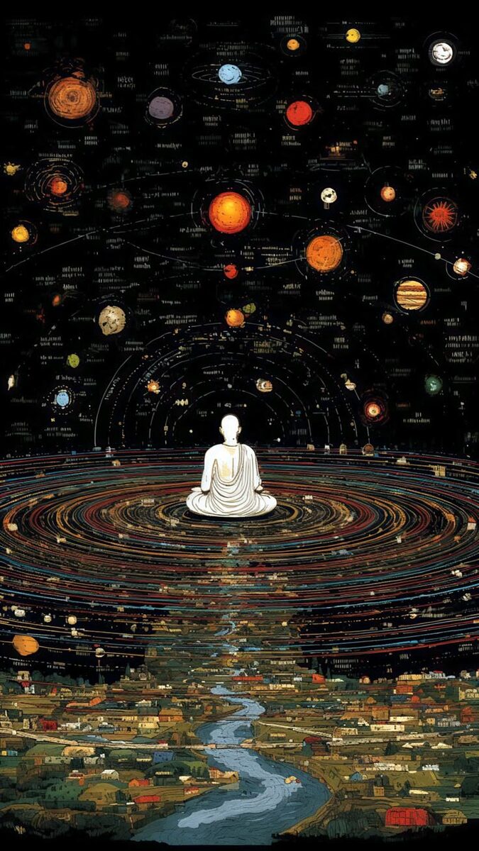 A meditating figure among planets