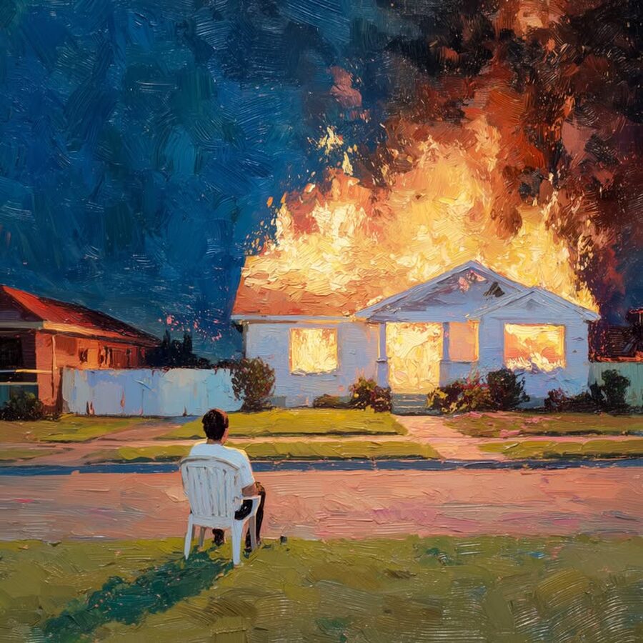 A man watching his house burn